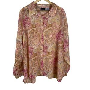 Maggie Barnes Woman's Blouse Size 26 W Pink Paisly Button Up Flowy Feminine Work